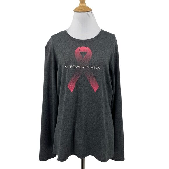 Under Armour Shirt Women L Large Power in Pink Breast Cancer Heatgear LongSleeve - Picture 1 of 12